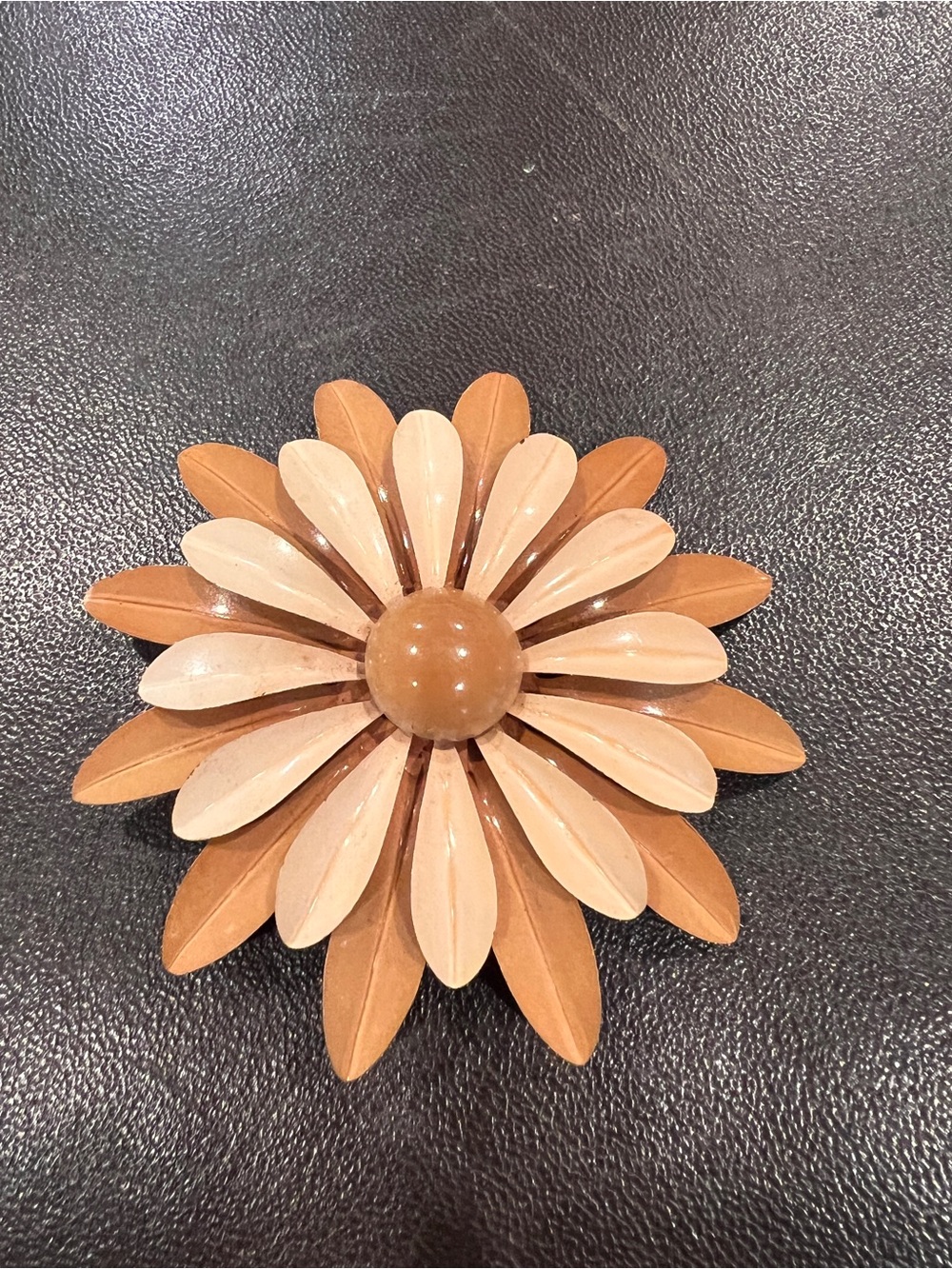 Large Two Tone brown/beige   Enamel Metal  Flower Brooch Vintage